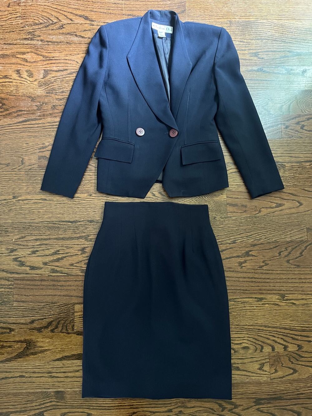 Christian Dior VTG Suit 4P Navy Blue Asymmetrical Crop Blazer Pencil Skirt Set